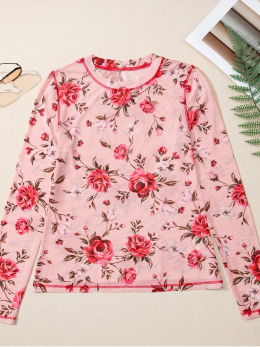 Floral Long Sleeve Mesh Top - Pink